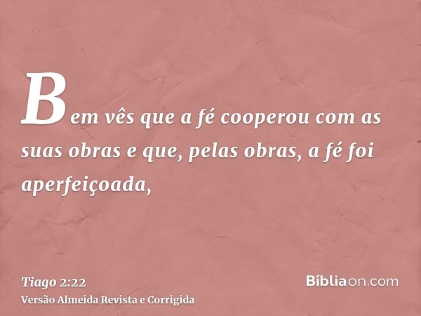 Bem vês que a fé cooperou com as suas obras e que, pelas obras, a fé foi aperfeiçoada,