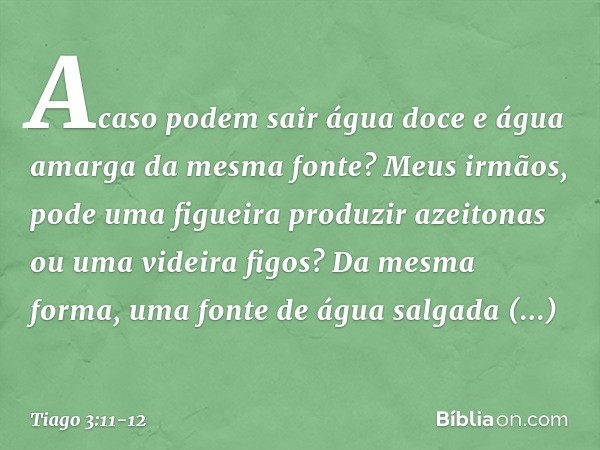 Acaso podem sair água doce e água amarga da mesma fonte? Meus irmãos, pode uma figueira produzir azeitonas ou uma videira figos? Da mesma forma, uma fonte de ág