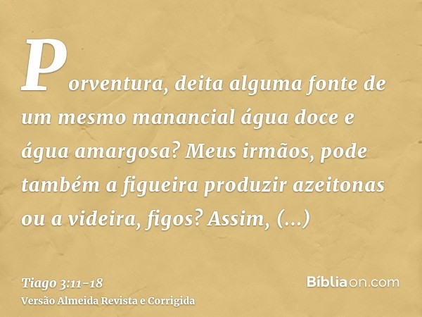 Porventura, deita alguma fonte de um mesmo manancial água doce e água amargosa?Meus irmãos, pode também a figueira produzir azeitonas ou a videira, figos? Assim