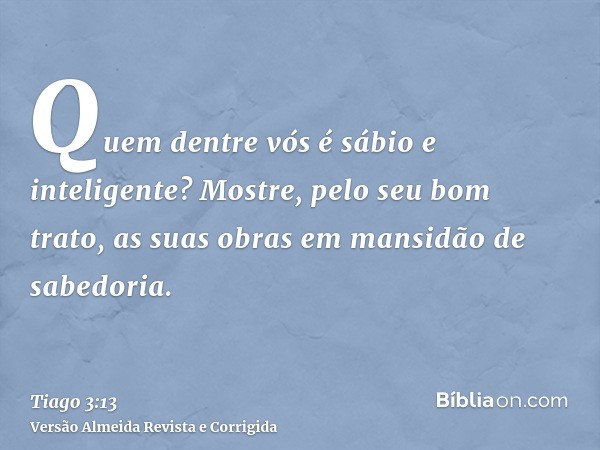 Quem dentre vós é sábio e inteligente? Mostre, pelo seu bom trato, as suas obras em mansidão de sabedoria.