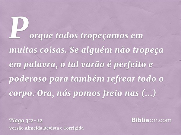 Porque todos tropeçamos em muitas coisas. Se alguém não tropeça em palavra, o tal varão é perfeito e poderoso para também refrear todo o corpo.Ora, nós pomos fr