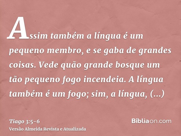 Assim também a língua é um pequeno membro, e se gaba de grandes coisas. Vede quão grande bosque um tão pequeno fogo incendeia.A língua também é um fogo; sim, a 