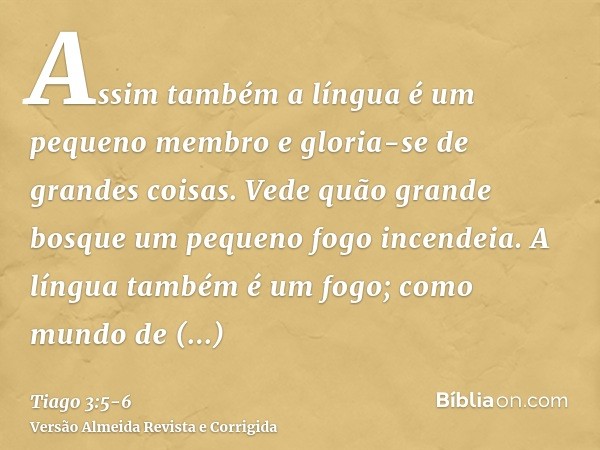 Assim também a língua é um pequeno membro e gloria-se de grandes coisas. Vede quão grande bosque um pequeno fogo incendeia.A língua também é um fogo; como mundo