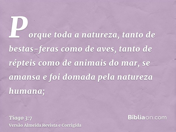 Porque toda a natureza, tanto de bestas-feras como de aves, tanto de répteis como de animais do mar, se amansa e foi domada pela natureza humana;