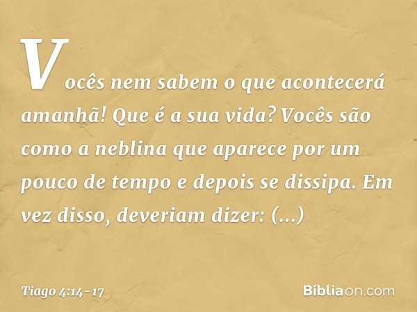 Vocês nem sabem o que acontecerá amanhã! Que é a sua vida? Vocês são como a neblina que aparece por um pouco de tempo e depois se dissipa. Em vez disso, deveria