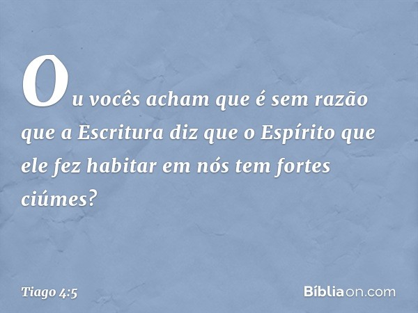 Ou vocês acham que é sem razão que a Escritura diz que o Espírito que ele fez habitar em nós tem fortes ciúmes? -- Tiago 4:5