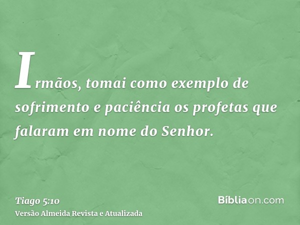 Irmãos, tomai como exemplo de sofrimento e paciência os profetas que falaram em nome do Senhor.