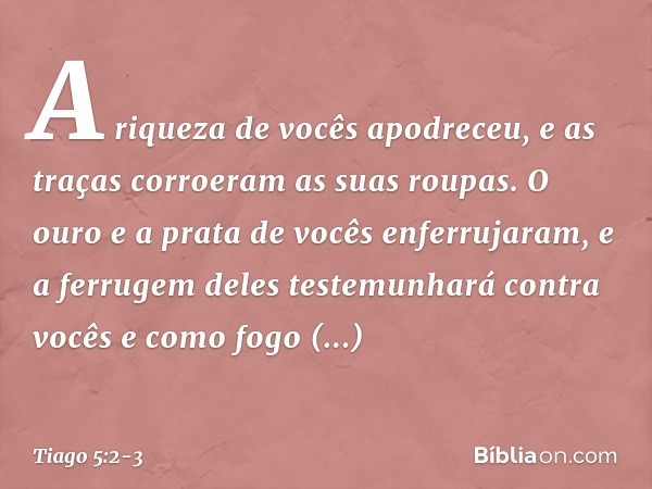 A riqueza de vocês apodreceu, e as traças corroeram as suas roupas. O ouro e a prata de vocês enferrujaram, e a ferrugem deles testemunhará contra vocês e como 