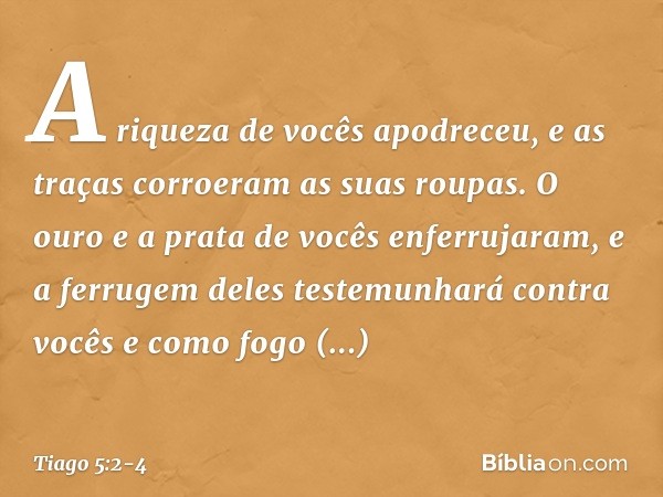 A riqueza de vocês apodreceu, e as traças corroeram as suas roupas. O ouro e a prata de vocês enferrujaram, e a ferrugem deles testemunhará contra vocês e como 