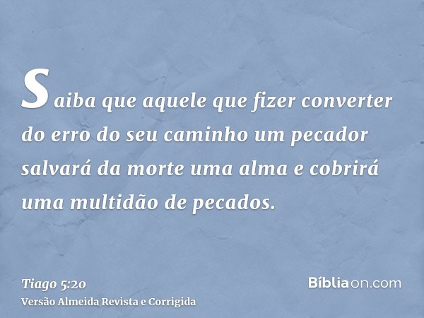 saiba que aquele que fizer converter do erro do seu caminho um pecador salvará da morte uma alma e cobrirá uma multidão de pecados.