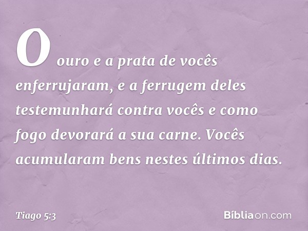 O ouro e a prata de vocês enferrujaram, e a ferrugem deles testemunhará contra vocês e como fogo devorará a sua carne. Vocês acumularam bens nestes últimos dias