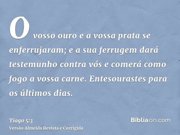 O vosso ouro e a vossa prata se enferrujaram; e a sua ferrugem dará testemunho contra vós e comerá como fogo a vossa carne. Entesourastes para os últimos dias.