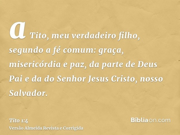 a Tito, meu verdadeiro filho, segundo a fé comum: graça, misericórdia e paz, da parte de Deus Pai e da do Senhor Jesus Cristo, nosso Salvador.
