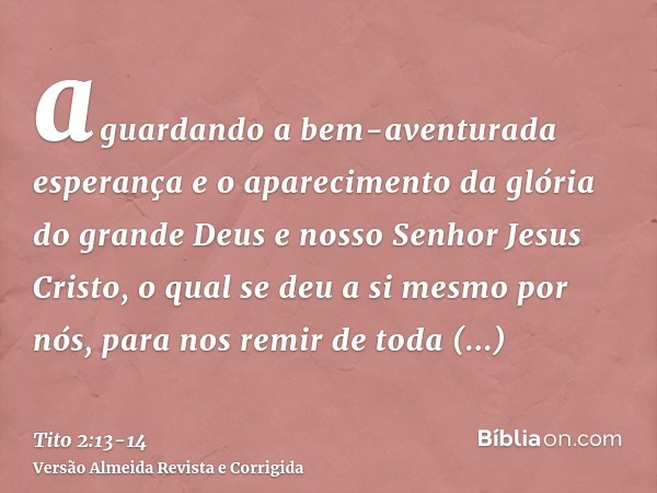 aguardando a bem-aventurada esperança e o aparecimento da glória do grande Deus e nosso Senhor Jesus Cristo,o qual se deu a si mesmo por nós, para nos remir de 