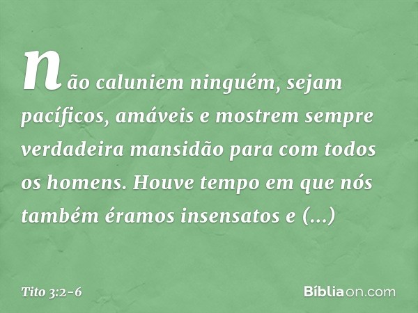 não caluniem ninguém, sejam pacíficos, amáveis e mostrem sempre verdadeira mansidão para com todos os homens. Houve tempo em que nós também éramos insensatos e 