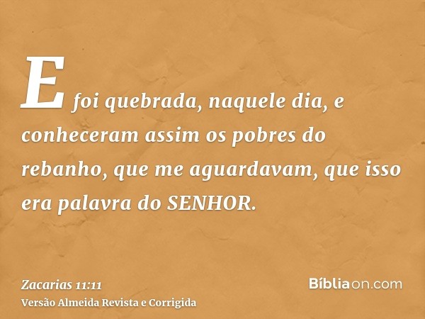 E foi quebrada, naquele dia, e conheceram assim os pobres do rebanho, que me aguardavam, que isso era palavra do SENHOR.