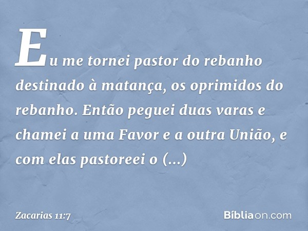 Eu me tornei pastor do rebanho destinado à matança, os oprimidos do rebanho. Então peguei duas varas e chamei a uma Favor e a outra União, e com elas pastoreei 