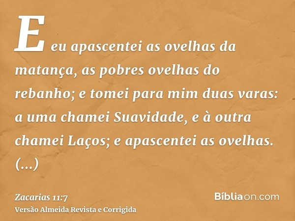E eu apascentei as ovelhas da matança, as pobres ovelhas do rebanho; e tomei para mim duas varas: a uma chamei Suavidade, e à outra chamei Laços; e apascentei a