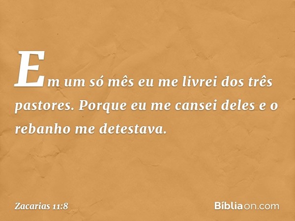 Em um só mês eu me livrei dos três pastores. Porque eu me cansei deles e o rebanho me detestava. -- Zacarias 11:8