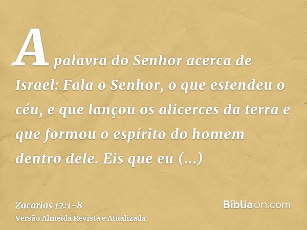 A palavra do Senhor acerca de Israel: Fala o Senhor, o que estendeu o céu, e que lançou os alicerces da terra e que formou o espírito do homem dentro dele.Eis q