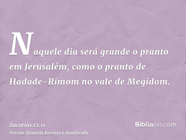 Naquele dia será grande o pranto em Jerusalém, como o pranto de Hadade-Rimom no vale de Megidom.