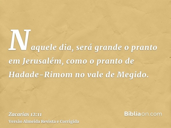 Naquele dia, será grande o pranto em Jerusalém, como o pranto de Hadade-Rimom no vale de Megido.