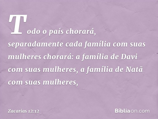 Todo o país chorará, separadamente cada família com suas mulheres chorará: a família de Davi com suas mulheres, a família de Natã com suas mulheres, -- Zacarias