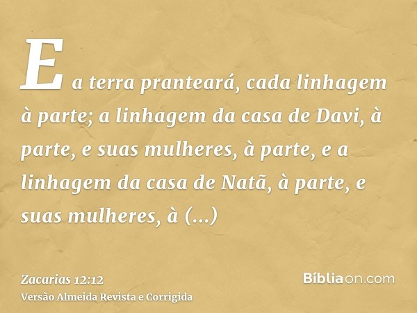 E a terra pranteará, cada linhagem à parte; a linhagem da casa de Davi, à parte, e suas mulheres, à parte, e a linhagem da casa de Natã, à parte, e suas mulhere