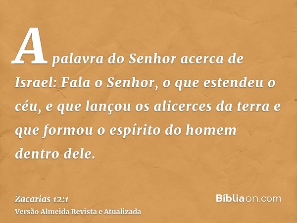 A palavra do Senhor acerca de Israel: Fala o Senhor, o que estendeu o céu, e que lançou os alicerces da terra e que formou o espírito do homem dentro dele.