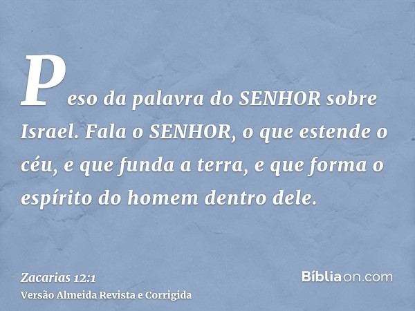 Peso da palavra do SENHOR sobre Israel. Fala o SENHOR, o que estende o céu, e que funda a terra, e que forma o espírito do homem dentro dele.