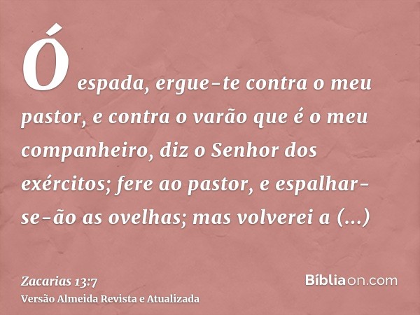 Ó espada, ergue-te contra o meu pastor, e contra o varão que é o meu companheiro, diz o Senhor dos exércitos; fere ao pastor, e espalhar-se-ão as ovelhas; mas v