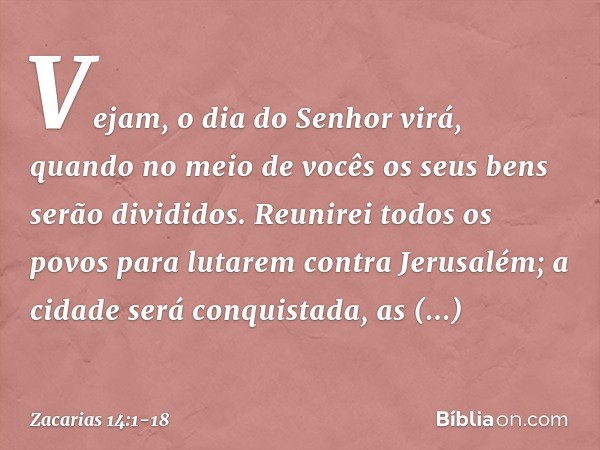 Vejam, o dia do Senhor virá, quando no meio de vocês os seus bens serão divididos. Reunirei todos os povos para lutarem contra Jerusalém; a cidade será conquist