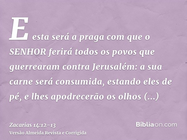 E esta será a praga com que o SENHOR ferirá todos os povos que guerrearam contra Jerusalém: a sua carne será consumida, estando eles de pé, e lhes apodrecerão o