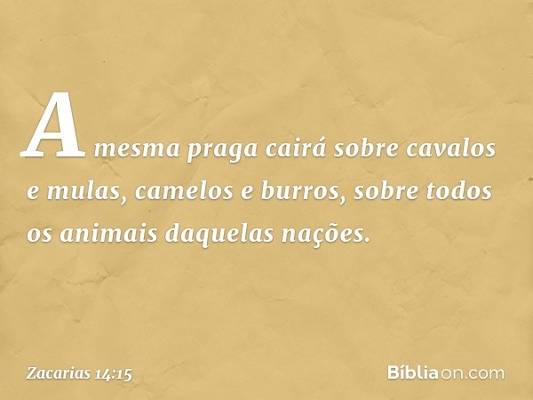 A mesma praga cairá sobre cavalos e mulas, camelos e burros, sobre todos os animais daquelas nações. -- Zacarias 14:15