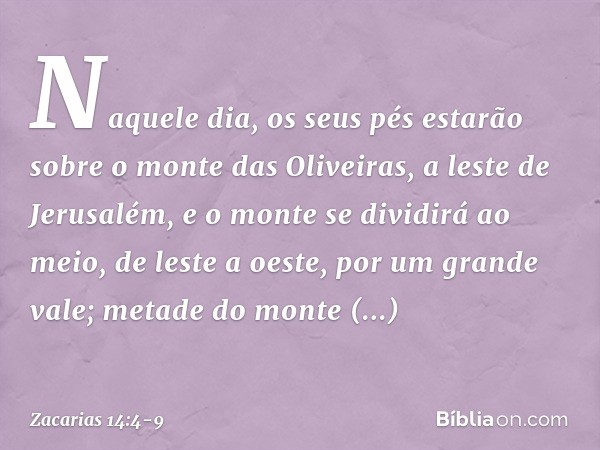 Naquele dia, os seus pés estarão sobre o monte das Oliveiras, a leste de Jerusalém, e o monte se dividirá ao meio, de leste a oeste, por um grande vale; metade