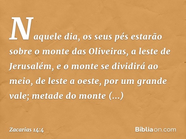 Naquele dia, os seus pés estarão sobre o monte das Oliveiras, a leste de Jerusalém, e o monte se dividirá ao meio, de leste a oeste, por um grande vale; metade 