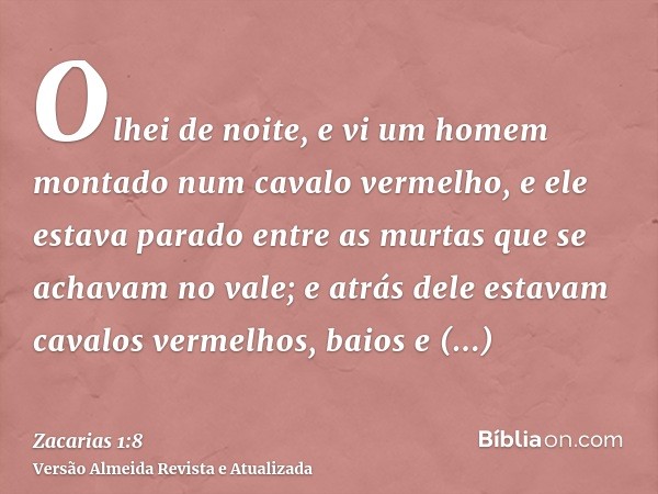 Olhei de noite, e vi um homem montado num cavalo vermelho, e ele estava parado entre as murtas que se achavam no vale; e atrás dele estavam cavalos vermelhos, b