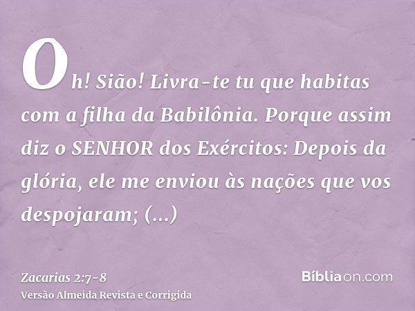 Oh! Sião! Livra-te tu que habitas com a filha da Babilônia.Porque assim diz o SENHOR dos Exércitos: Depois da glória, ele me enviou às nações que vos despojaram