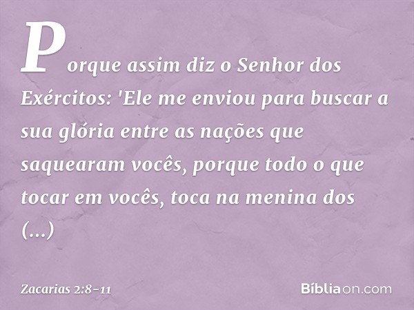 Porque assim diz o Senhor dos Exércitos: 'Ele me enviou para buscar a sua glória entre as nações que saquearam vocês, porque todo o que tocar em vocês, toca na 