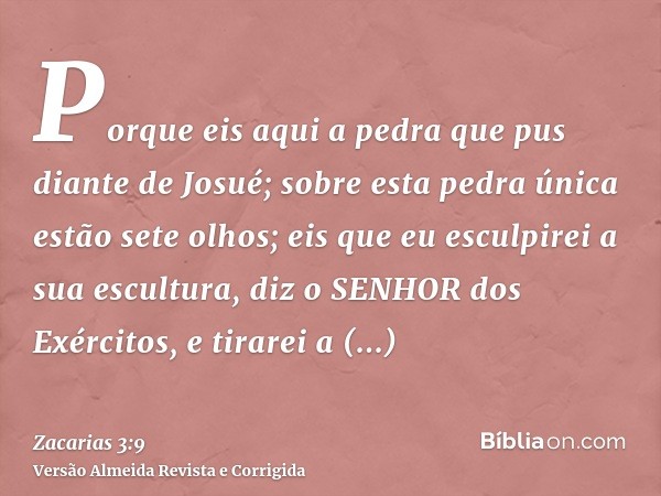 Porque eis aqui a pedra que pus diante de Josué; sobre esta pedra única estão sete olhos; eis que eu esculpirei a sua escultura, diz o SENHOR dos Exércitos, e t