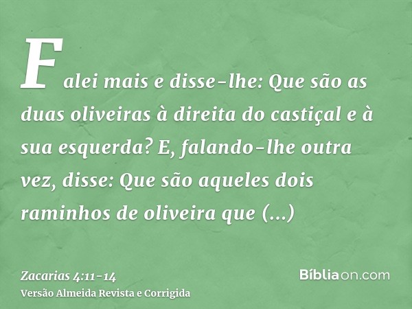 Falei mais e disse-lhe: Que são as duas oliveiras à direita do castiçal e à sua esquerda?E, falando-lhe outra vez, disse: Que são aqueles dois raminhos de olive