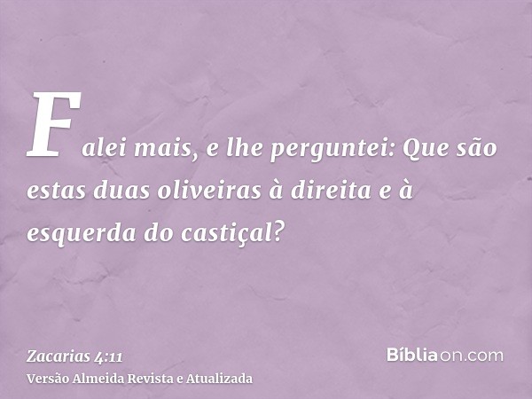 Falei mais, e lhe perguntei: Que são estas duas oliveiras à direita e à esquerda do castiçal?