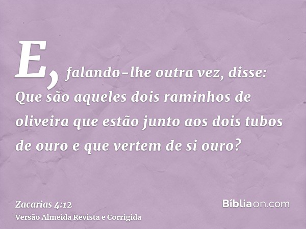 E, falando-lhe outra vez, disse: Que são aqueles dois raminhos de oliveira que estão junto aos dois tubos de ouro e que vertem de si ouro?