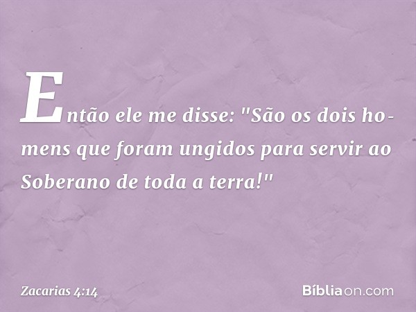 Então ele me disse: "São os dois ho­mens que foram ungidos para servir ao Sobe­rano de toda a terra!" -- Zacarias 4:14