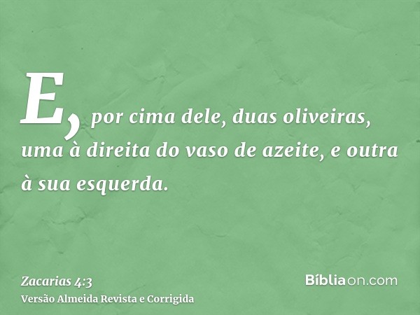 E, por cima dele, duas oliveiras, uma à direita do vaso de azeite, e outra à sua esquerda.