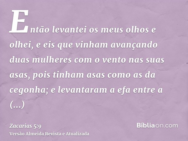 Então levantei os meus olhos e olhei, e eis que vinham avançando duas mulheres com o vento nas suas asas, pois tinham asas como as da cegonha; e levantaram a ef