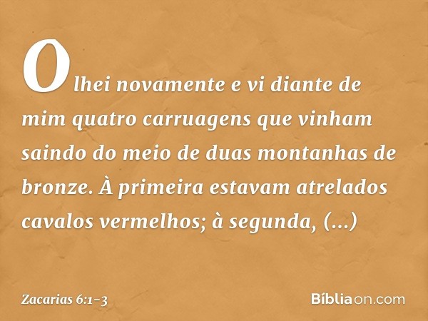 Olhei novamente e vi diante de mim quatro carruagens que vinham saindo do meio de duas montanhas de bronze. À primeira estavam atrelados cavalos vermelhos; à se