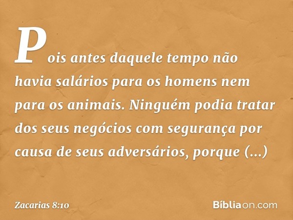 Pois antes daquele tempo não havia salários para os homens nem para os animais. Ninguém podia tratar dos seus negócios com segurança por causa de seus adversári