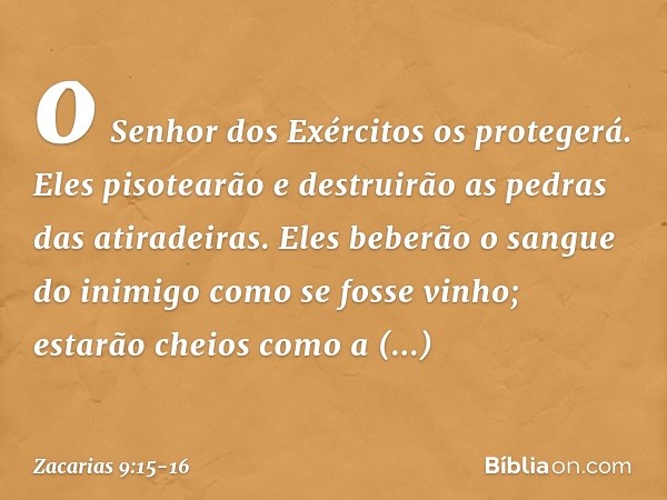 o Senhor dos Exércitos os protegerá.
Eles pisotearão e destruirão
as pedras das atiradeiras.
Eles beberão o sangue do inimigo
como se fosse vinho;
estarão cheio
