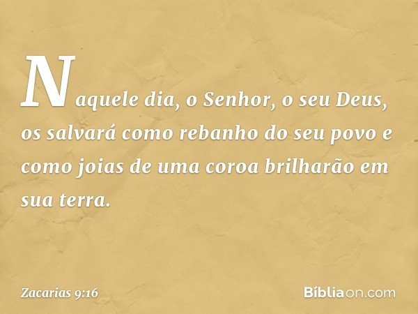 Naquele dia, o Senhor, o seu Deus,
os salvará como rebanho do seu povo
e como joias de uma coroa
brilharão em sua terra. -- Zacarias 9:16